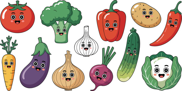 Set of cute vegetables with faces in simple children flat style, colorful cabbage carrot broccoli tomato and more on white background