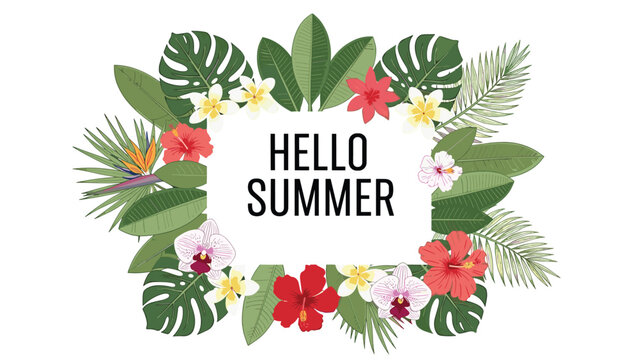Fresh tropical theme banner with hello summer text inside a white rectangular frame bordered by exotic flowers and green palm leaves.