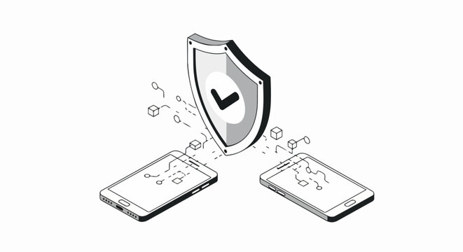 Isometric Mobile Security Illustration with Smartphones and Shield for Cyber Data Protection