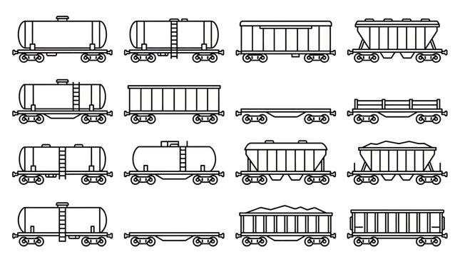 Set of various railway freight wagon line icons including tanker, hopper and flatbed cars for cargo shipment, concept for logistics planning, industrial distribution and railway infographics