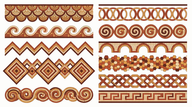 Collection of ancient roman mosaic border patterns with geometric shapes and Greek key designs on white background, concept for architectural decoration, antique frames and cultural ornament