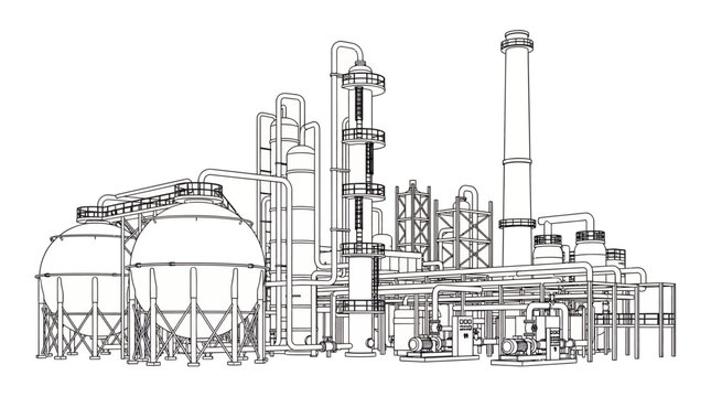 Detailed outline of chemical refinery plant with distillation towers and spherical tanks on white background, concept for engineering blueprint, industrial project and factory development