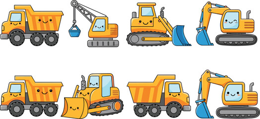 Cute construction vehicles vector set with smiling faces including excavator bulldozer dump truck and heavy machinery cartoon illustration © MdAbuSayed