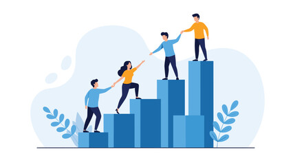 Fototapeta premium Motivated team members help each other climb up a rising bar graph representing mutual support and shared success in business growth.