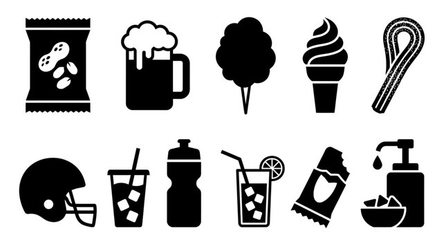 Black silhouettes of various stadium food and snacks including peanuts beer ice cream churros and drinks, concept for concession stand menu, sports event branding and festival catering marketing