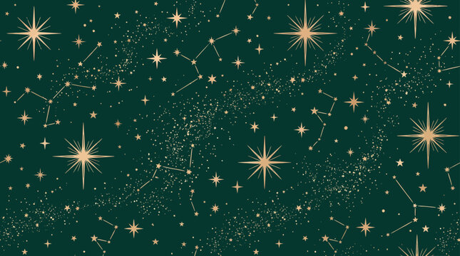 Elegant seamless pattern with golden constellations and shiny stars on a deep green background, concept for luxury wrapping paper, celestial textile design and magical astronomical wallpaper