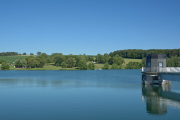 Fototapeta premium Stauanlage Weilerbach also Lake Freilinger See,the Eifel close to Blankenheim,Germany