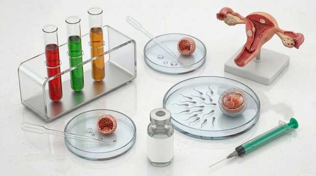 Embryologist working with in vitro fertilization equipment. Petri dish with sperm and egg, uterus model and test tubes. Medical procedure for infertility treatment and reproductive health.