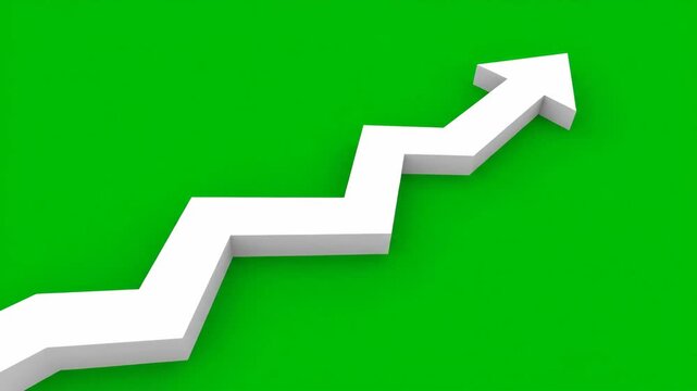 White 3D zigzag arrow on green background, symbolizing growth, progress, success, and positive trend.