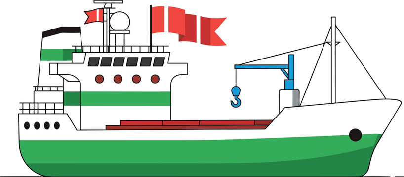 Cargo transport ship vector illustration featuring industrial freight vessel with crane and flags maritime shipping design