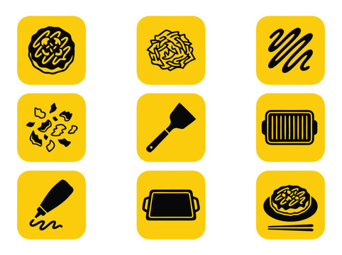 Set of flat icon illustrations depicting Japanese street food okonomiyaki preparation and cooking tools.
