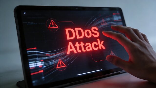 Hand interacting with DDoS attack warning on tablet