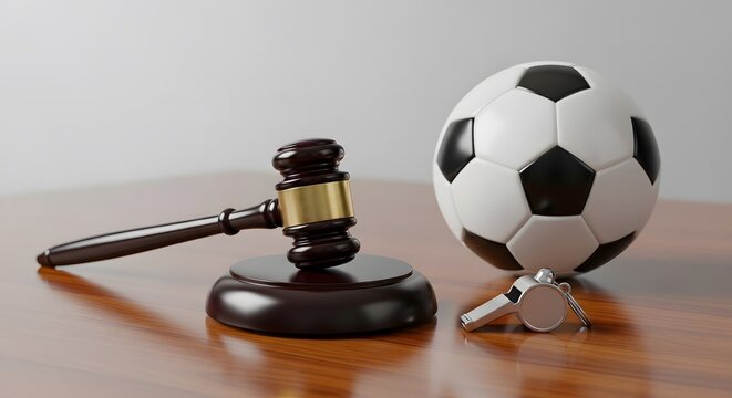 Sports justice concept, judge gavel and soccer ball and referee whistle, symbol of disciplinary decision