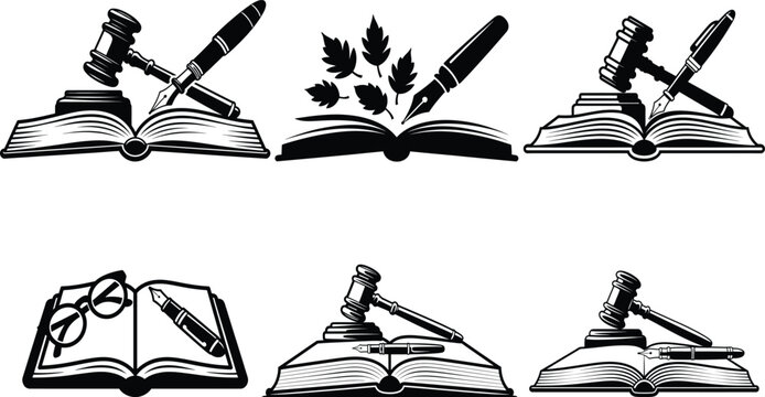 Black and white of books with gavel and pen