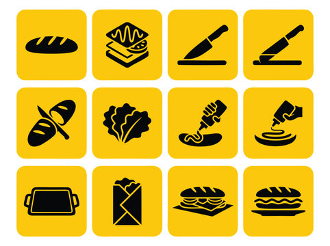 Set of food preparation and sandwich making icons on yellow background.