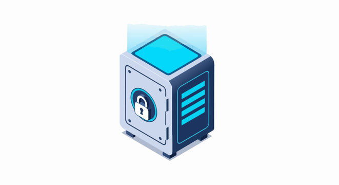 Isometric 3D Illustration of a Digital Data Vault and Secure Server for Cybersecurity, Cloud Storage, and Fintech Information Protection