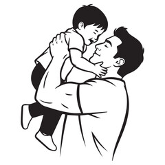 Obraz premium Father holding and kissing son, warm father-son affection moment, black and white vector illustration.