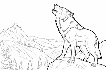 Obraz premium Minimalist wolf line art illustration, howling wolf outline on mountain landscape, monochrome nature sketch background