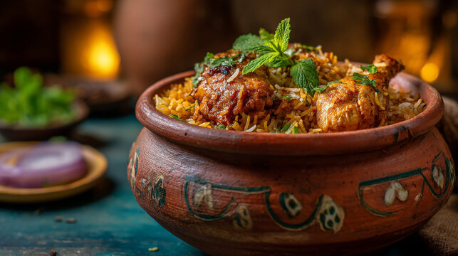 traditional clay pot filled with aromatic chicken biryani