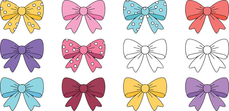 Set of cute colorful bows in simple flat style on white background, decorative ribbon bowknot vector illustration collection