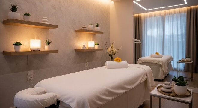 Serene modern spa treatment room with a massage table and ambient lighting