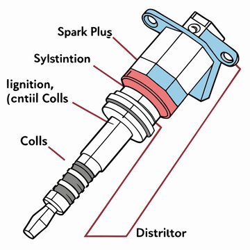 Illustration of a car ignition coil and distributor with spark plug car part auto parts automotive industry vehicle parts motor vehicle electrical system combustion engine internal combustion