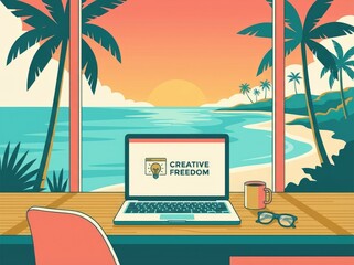 Obraz premium Laptop on a wooden desk with a coffee mug and glasses, overlooking a tropical beach landscape with palm trees at sunset, flat