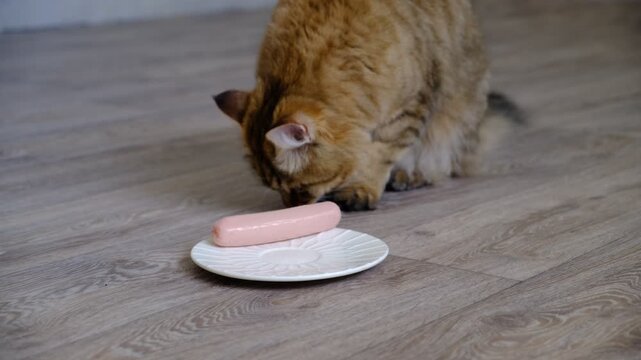 Domestic cat smelling sausage. Joyful, playful pets on domestic kitchen, picky cat.  Humor