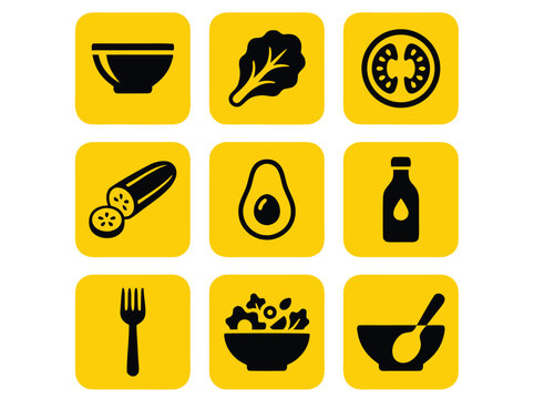 Set of Healthy Food and Salad Ingredients Vector Icons.