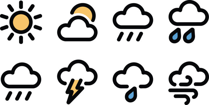 A collection of weather icons featuring sun clouds rain lightning and wind for meteorological forecasting applications