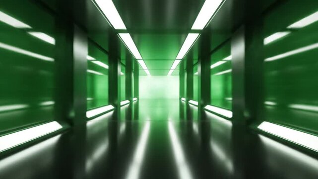 Symmetrical futuristic green corridor with glowing translucent wall panels and reflective black floor. Modern sci-fi hallway with bright white overhead lights and a high-tech laboratory design.