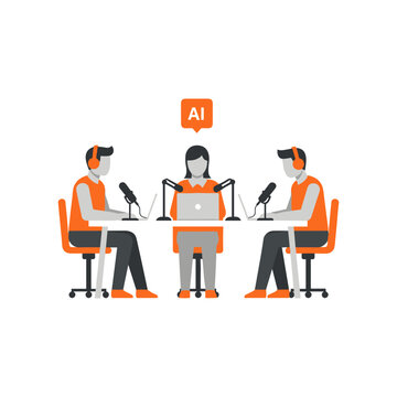 Three professionals participating in a virtual podcast or discussion session with ai assistance