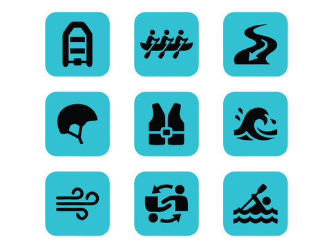 Set of icons representing rafting and water sports activities.