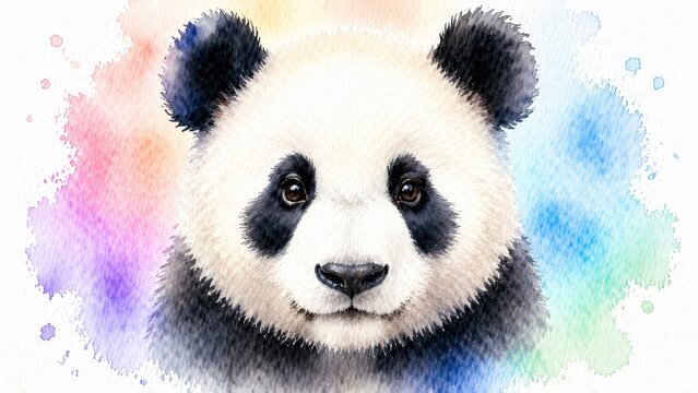 Closeup watercolor painting of a cute giant panda face with soft colorful splashes