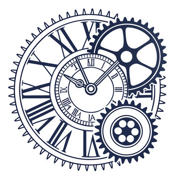 Steampunk clock face with interlocking gears roman numerals gear wheel steampunk mechanical illustration industry technology clockwork craftsmanship engineering industrial machinery