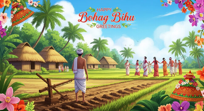 Vibrant celebration of bohag bihu amidst a picturesque rural setting