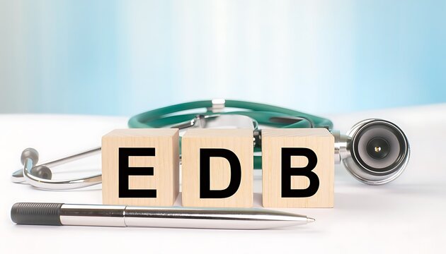 Medical concept wooden blocks with 'edb' and a stethoscope representing healthcare education and research