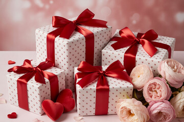 Obraz premium Valentine gift boxes wrapped in heart pattern paper with red silk ribbons on pink surface featuring fresh roses and plush hearts.