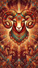 Naklejka premium Aries Vedic Astrology Zodiac Sign Card: Creative design with a fire element ram and Sanskrit mantras