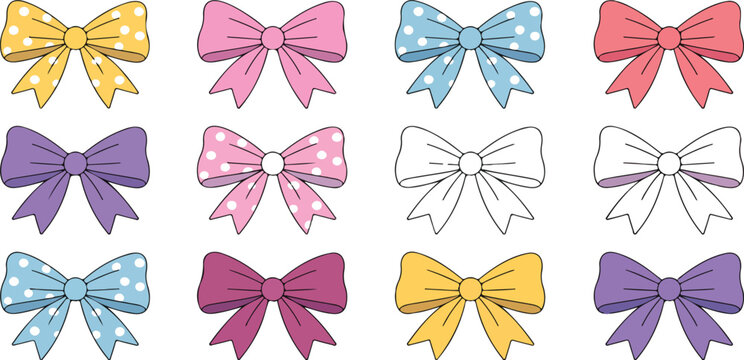 Set of cute colorful bows in simple flat style on white background, decorative ribbon bowknot vector illustration collection