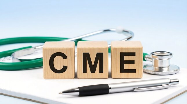 Continuing medical education concept blocks spelling cme with stethoscope pen and clipboard