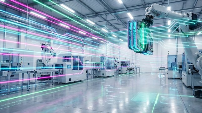 Futuristic factory floor robotic arms and automated production lines in a high tech manufacturing facility