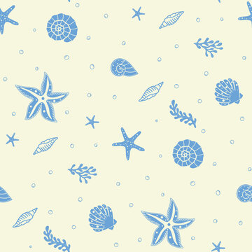 Tossed sea shell seamless pattern in beige and blue