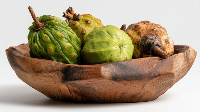 wooden bowl filled with fresh green cherimoya fruits