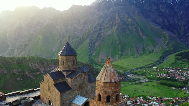 Aerial view of Gergeti Trinity Church in Georgia.