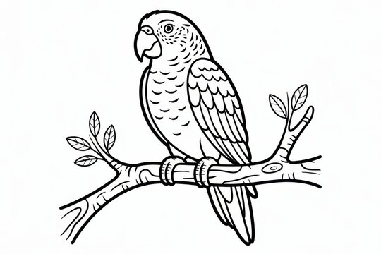 Vintage parrot line art illustration, black and white bird outline on branch, tropical animal coloring page design
