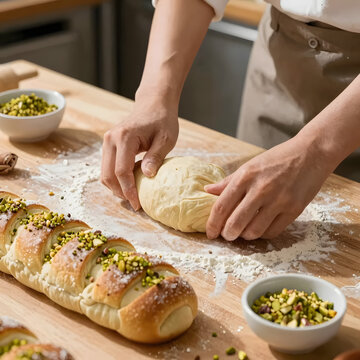 Woman preparing stuffed dough for babka. Baking babka bakery.