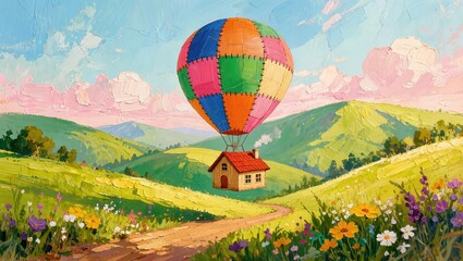 Fototapeta premium A whimsical impasto oil painting of a small house floating over rolling green hills and wildflower meadows, carried by a giant, colorful patchwork hot air balloon under a bright sky.