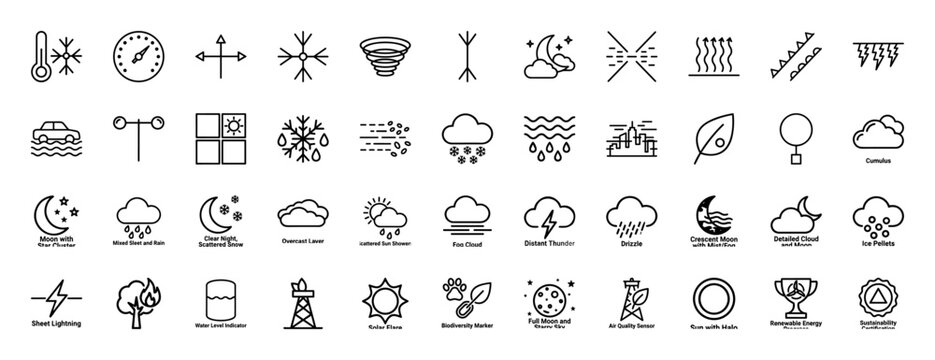 Minimalist weather line icon set for meteorology and climate forecasting
