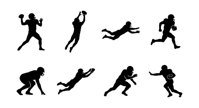 American football player silhouettes set, 8 black vector icons of athletes in action, professional football sports figures catching and running